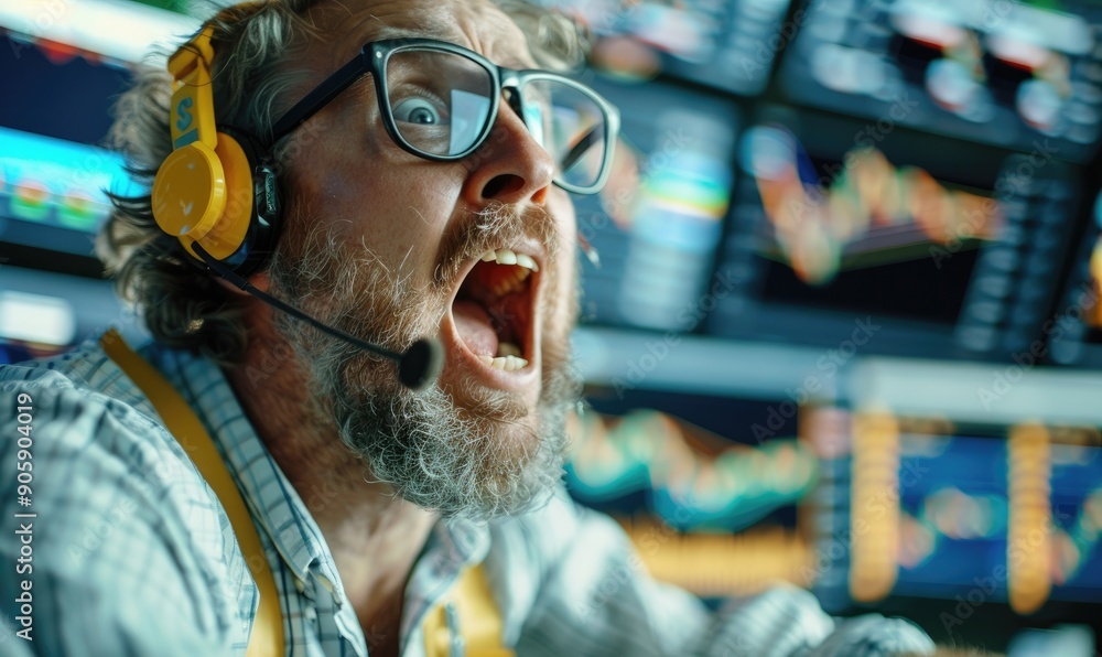 Terrified Trader in Front of Financial Charts Terrified Trader in Front of Financial Charts