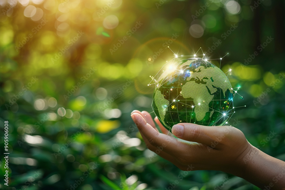 A hand holds a transparent sphere with vibrant green leaves inside, sparkling with tiny lights. A hand holds a transparent sphere with vibrant green leaves inside, sparkling with tiny lights.