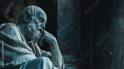 statue of a thinker in profile, bald and bearded, with head resting on hand against a dark background for philosophical quotes. symbol of thought and greek and roman philosophy