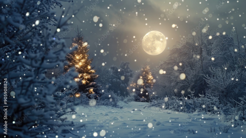Snow falling under moonlight on Christmas night Snow falling under moonlight on Christmas night