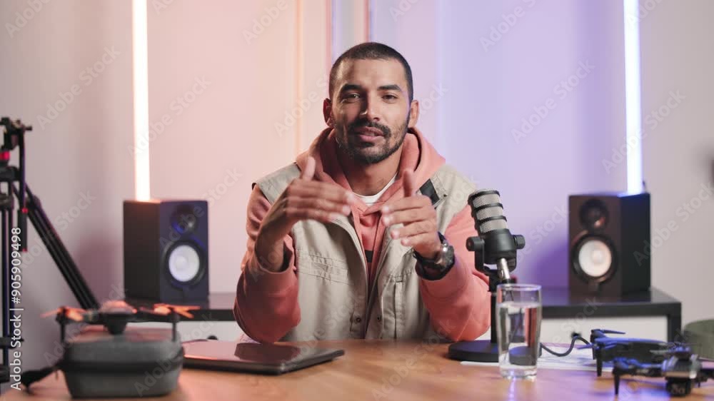 Studio, podcast and face of man for advice, sharing ideas and streaming show for broadcast. Equipment, explaining and microphone with male podcaster for content creation, plan topics and talking Studio, podcast and face of man for advice, sharing ideas and streaming show for broadcast. Equipment, explaining and microphone with male podcaster for content creation, plan topics and talking