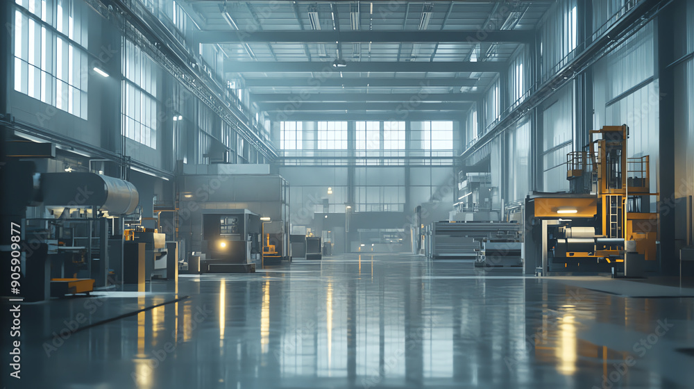 Spacious modern industrial factory interior with machinery and equipment under bright lighting and high ceilings. Spacious modern industrial factory interior with machinery and equipment under bright lighting and high ceilings.