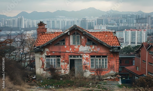 Capture an image of an old, dilapidated house in Seoul, showcasing its crumbling facade photo