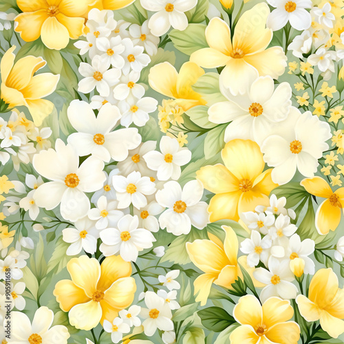 Seamless pattern with yellow and white flowers, pastel color background