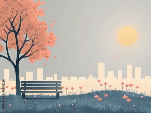 Minimalist and modern park landscape featuring a silhouetted cityscape skyline a solitary park bench and vibrant autumn foliage in shades of orange pink and green against a serene sunset sky photo