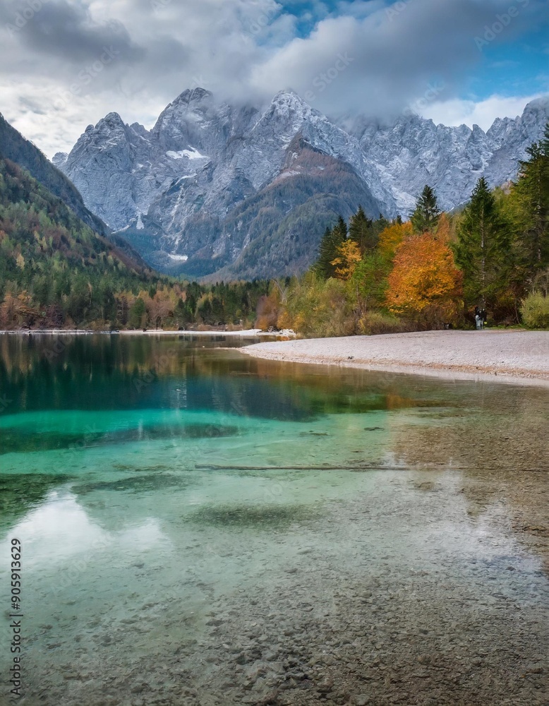 Autumn alps mountains in day light reflected in calm waters of green lake Jasna, Kranjska Gora. Slovenia. Autumn alps mountains in day light reflected in calm waters of green lake Jasna, Kranjska Gora. Slovenia.