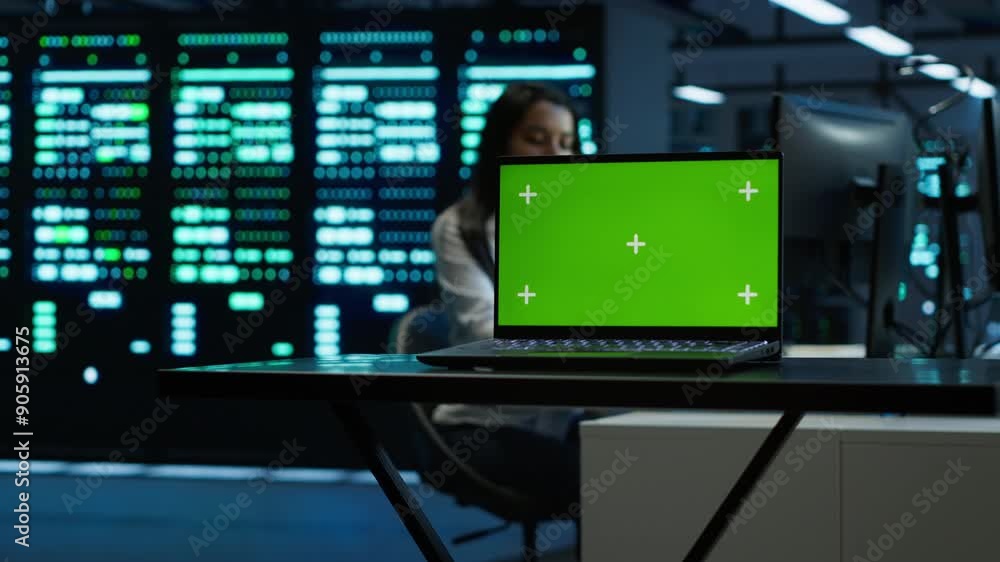 Focus on mockup laptop used by technician in data center in blurry background managing servers. Close up of chroma key notebook used by expert in server hub to ensure networks are secure, camera A Focus on mockup laptop used by technician in data center in blurry background managing servers. Close up of chroma key notebook used by expert in server hub to ensure networks are secure, camera A