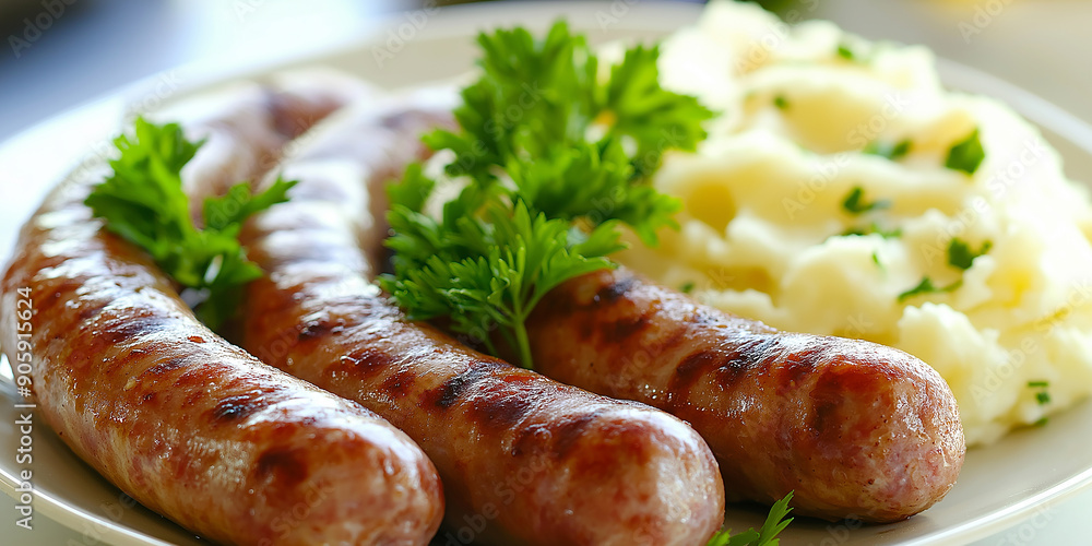 Grilled sausages served with mashed potatoes and parsley Grilled sausages served with mashed potatoes and parsley