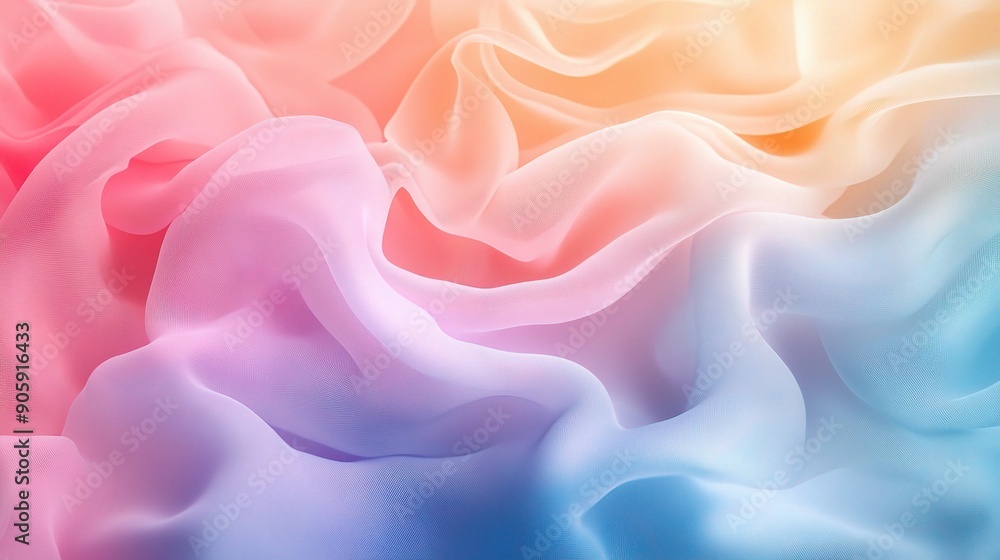 Fototapeta premium A whimsical, dreamlike fabric background. Shimmering pastel colors in shades of pink, blue, yellow, and orange. The fabric drapes and folds in a smooth, flowing tex