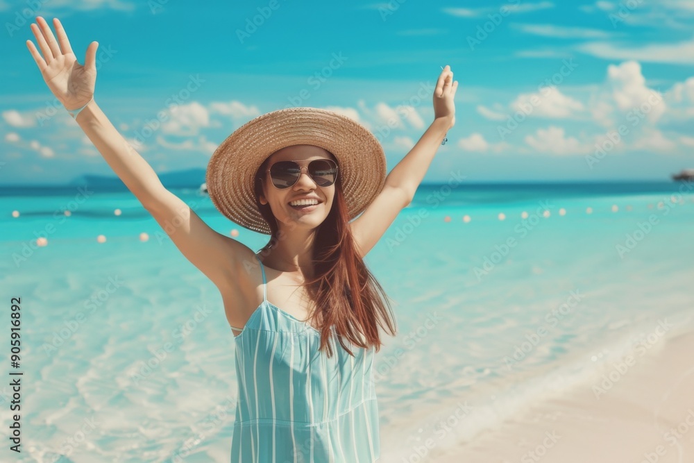 Cheerful woman enjoying a vibrant summer vacation, embracing the warmth and joy of the season with a bright smile and relaxed demeanor, capturing the essence of happiness and leisure. Cheerful woman enjoying a vibrant summer vacation, embracing the warmth and joy of the season with a bright smile and relaxed demeanor, capturing the essence of happiness and leisure.