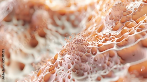 A close up of a pinkish orange and white blob with a lot of bubbles