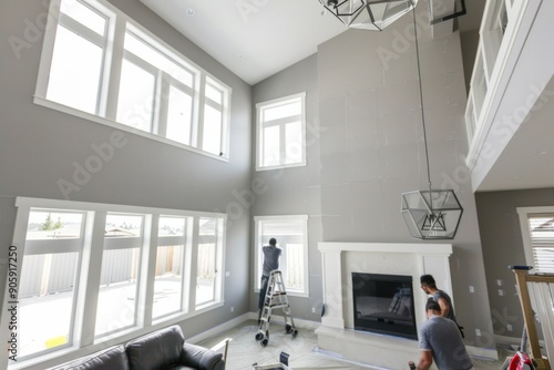  Two male workers painting light gray walls in a modern home’s spacious living room, highlighting home improvement and interior design.