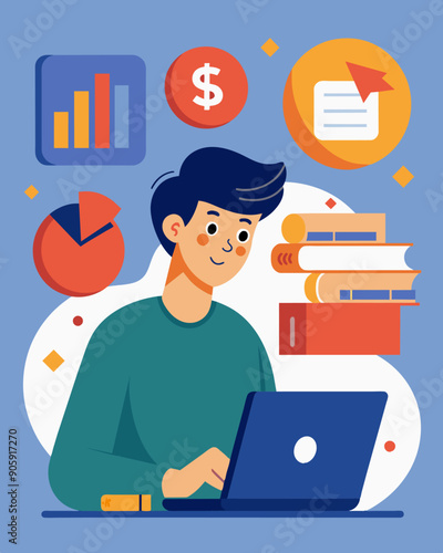 A student diligently tracking their spending through an online budgeting tool making sure they have enough funds for their upcoming tuition payment.. Vector illustration