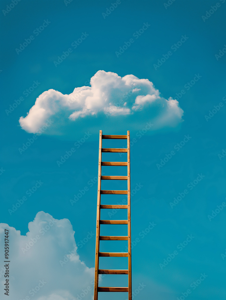 Ladder reaching up to cloud in blue sky, surreal dream concept, aspiration, goals, success, abstract art, imagination, creative vision, whimsical scene, sky ladder. Ladder reaching up to cloud in blue sky, surreal dream concept, aspiration, goals, success, abstract art, imagination, creative vision, whimsical scene, sky ladder.