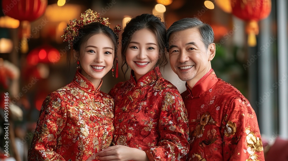 Chinese New Year Family Portrait: A heartwarming family portrait captures the essence of Chinese New Year, featuring a father and his two daughters adorned in vibrant red traditional attire. Chinese New Year Family Portrait: A heartwarming family portrait captures the essence of Chinese New Year, featuring a father and his two daughters adorned in vibrant red traditional attire.