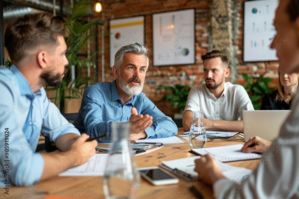 Office worker in casual attire presents ideas during American business meeting. Two men and one woman listen with notes, depicting a professional discussion scene. Office worker in casual attire presents ideas during American business meeting. Two men and one woman listen with notes, depicting a professional discussion scene.
