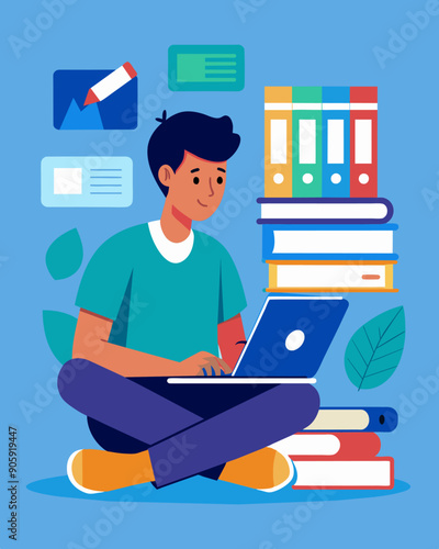 A student decides to wait on buying new textbooks and looks for used ones online to save money for other essentials.. Vector illustration