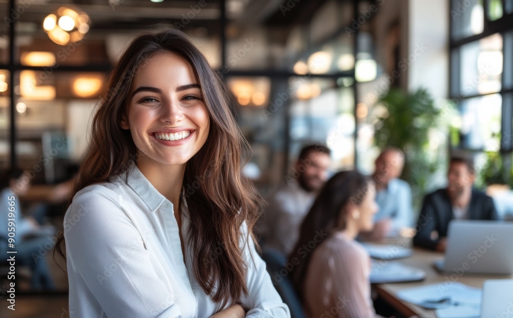 Woman Laughing and Standing at a Table with Colleagues in Office Conference Room, Highlighting Teamwork, Collaboration, and Professional Engagement Woman Laughing and Standing at a Table with Colleagues in Office Conference Room, Highlighting Teamwork, Collaboration, and Professional Engagement