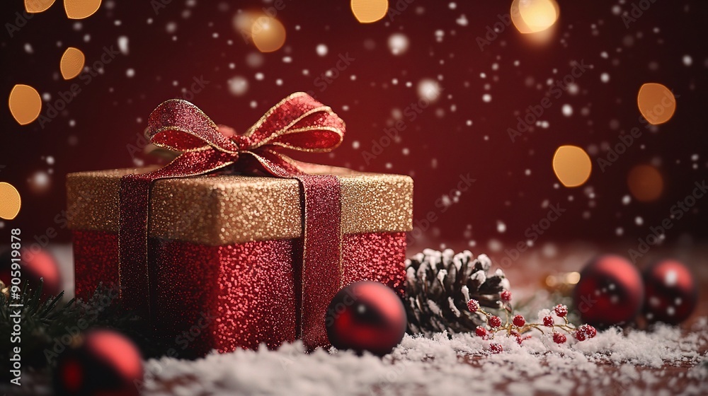 Festive Gift Box on a Snowy Table: A close-up of a beautifully wrapped Christmas gift box, adorned with a red bow and glittering gold accents. The box rests on a snowy table. Festive Gift Box on a Snowy Table: A close-up of a beautifully wrapped Christmas gift box, adorned with a red bow and glittering gold accents. The box rests on a snowy table.