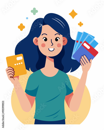 A woman holds up a stack of credit card bills frowning at the high interest rates but smiles as she discovers she can save money by refinancing her credit card debt into a lower. Vector illustration
