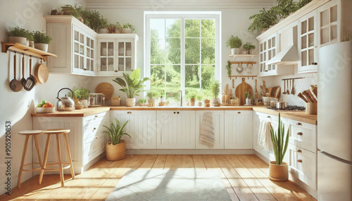 Modern Kitchen Interior
A bright and modern kitchen with white cabinets, wooden countertops, and plants, offering a cozy vibe.