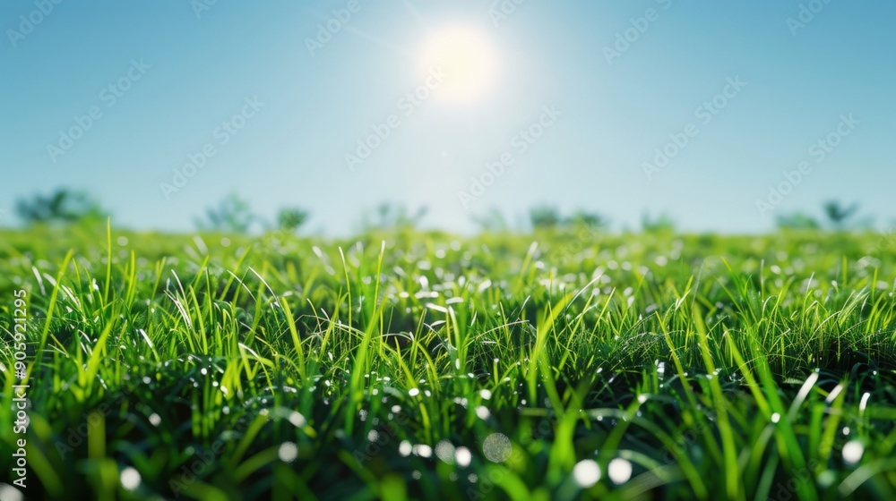 Fototapeta premium A field of green grass with a bright sun shining down on it