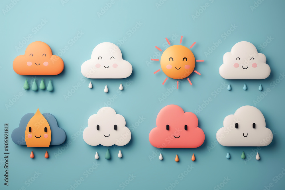 Fototapeta premium Cute and colorful weather icons featuring smiling clouds, raindrops, and a cheerful sun, perfect for kids' designs.