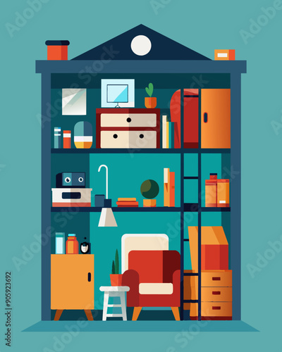 A tiny studio apartment with ly any space to move as every corner and surface is taken up by hoarded essential items.. Vector illustration