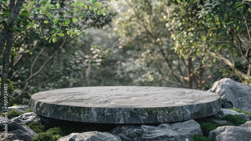 Stone pedestal, forest background, flat 3D pedestal product. Round stone pedestal display. turn green to gray Standing abstractly, coming from the forest.