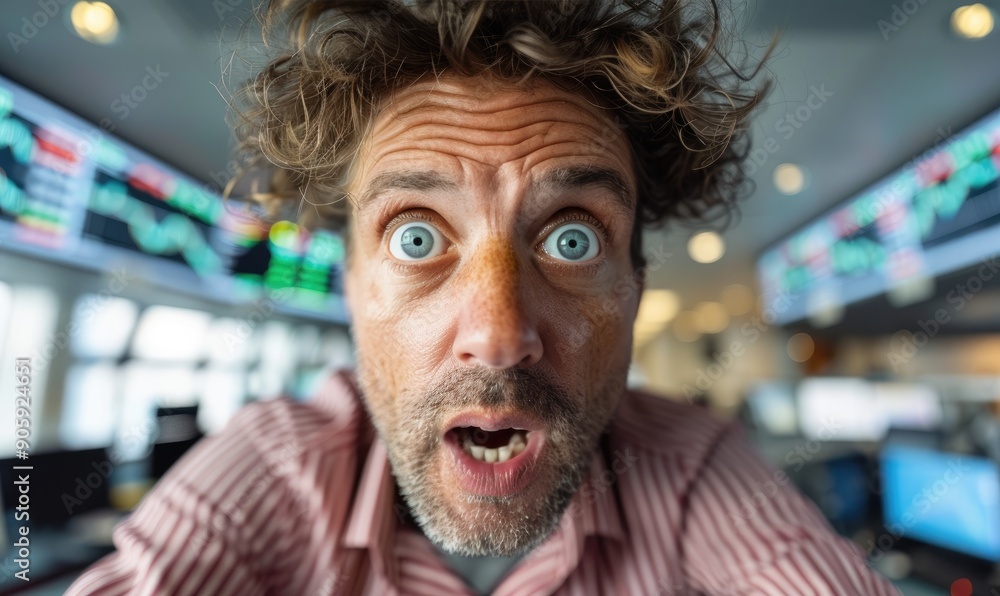 30-Year-Old Man with Enhanced Shock Expression in Bright Office, Stock Charts in Background 30-Year-Old Man with Enhanced Shock Expression in Bright Office, Stock Charts in Background