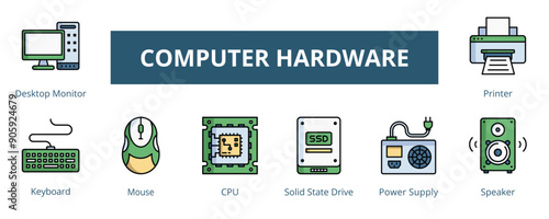 Computer Hardware Lineal Color Banner Web Icon Set Vector Illustration, Desktop Monitor Keyboard Mouse CPU Solid State Driver Power Supply Speaker Printer