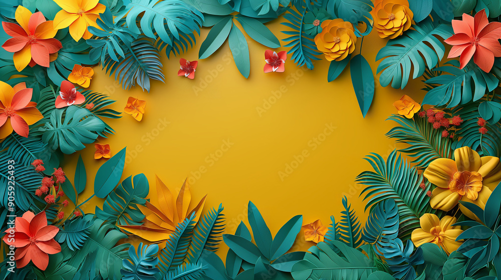 Design of a blank blank certificate in Brazilian carnival style, with a monochrome yellow paper texture in the base, with bright and saturated jungle elements around the edges. Design of a blank blank certificate in Brazilian carnival style, with a monochrome yellow paper texture in the base, with bright and saturated jungle elements around the edges.