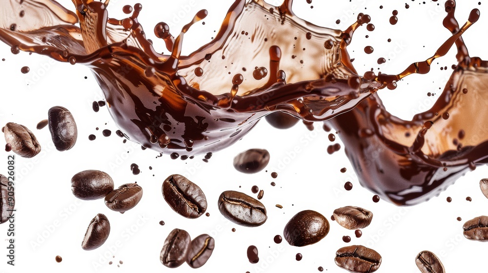 Fototapeta premium Coffee Splash with Coffee Beans on White Background
