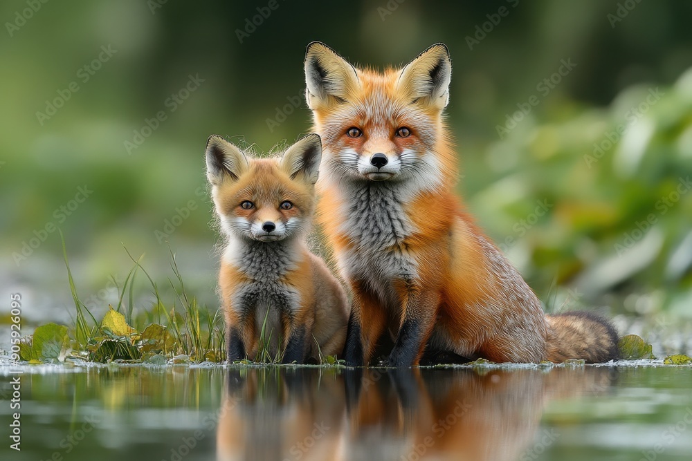 Fototapeta premium High-Quality Photo of Red Fox Family by Pond: Two Fox Cubs in Green Grass, Adult Fox with Reflection on Lake Surface, Detailed and Sharp Focus in Natural Habitat
