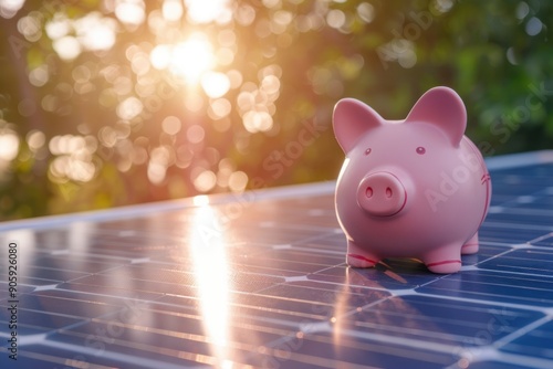 Piggy Bank on Solar Panels in Sunlight