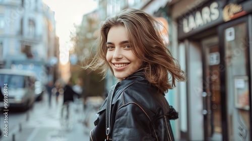 Wallpaper Mural Fashion. Young stylish woman walking on the city street looking back camera smiling playful Torontodigital.ca