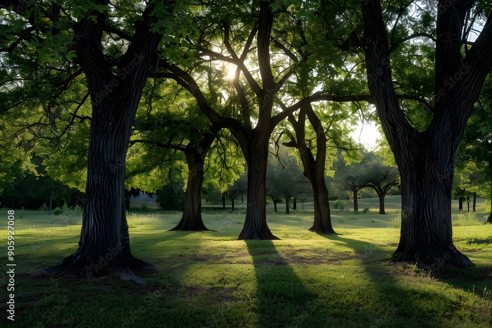 Fototapeta premium Sunlight filters through lush green trees in a serene forest setting.
