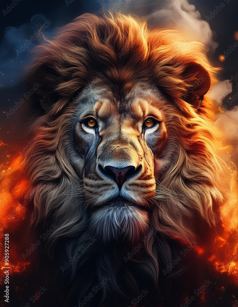 Very close up of a lion's head with fire and smoke in the background Very close up of a lion's head with fire and smoke in the background