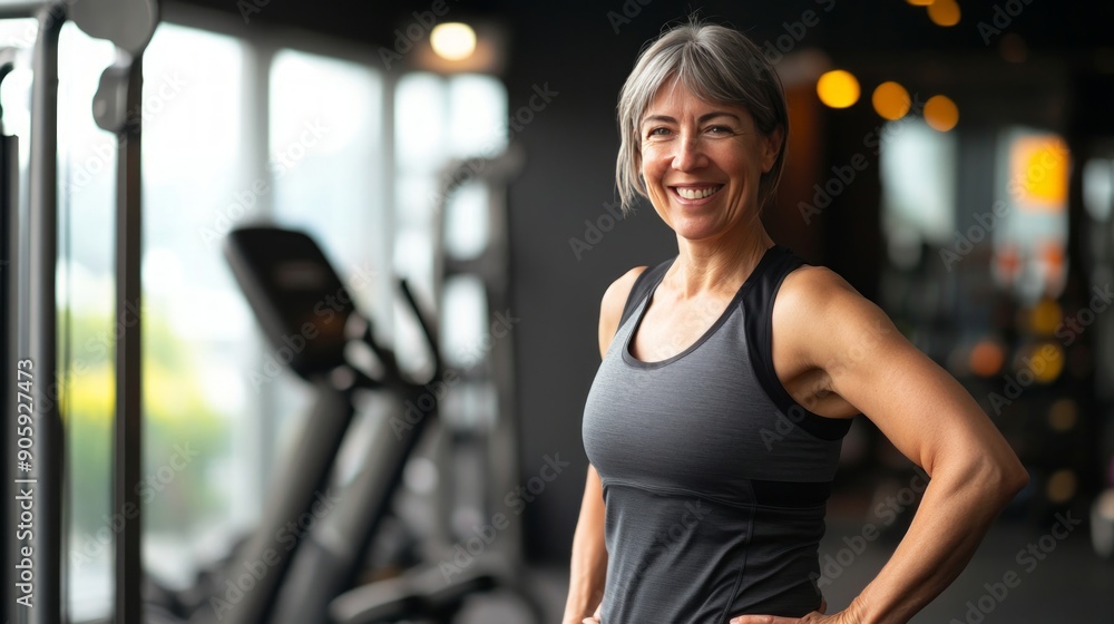 Portrait of smiling Middle aged woman working out gym fitness healthy lifestyle gym fitness for seniors, healthy aging, active lifestyle
Portrait of smiling Middle aged woman working out gym fitness healthy lifestyle gym fitness for seniors, healthy aging, active lifestyle