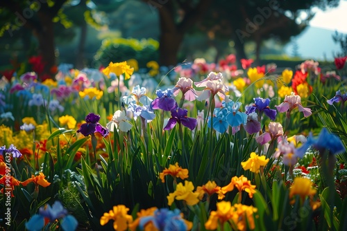 Vibrant flower garden displaying various colorful iris blooms in sunlight.