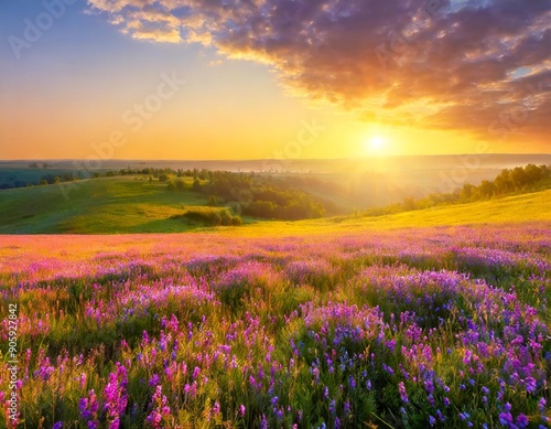 beautiful panorama rural landscape with sunrise and blossoming meadow. purple flowers flowering on spring field. wild flowers blooming on sunset. summer panoramic view