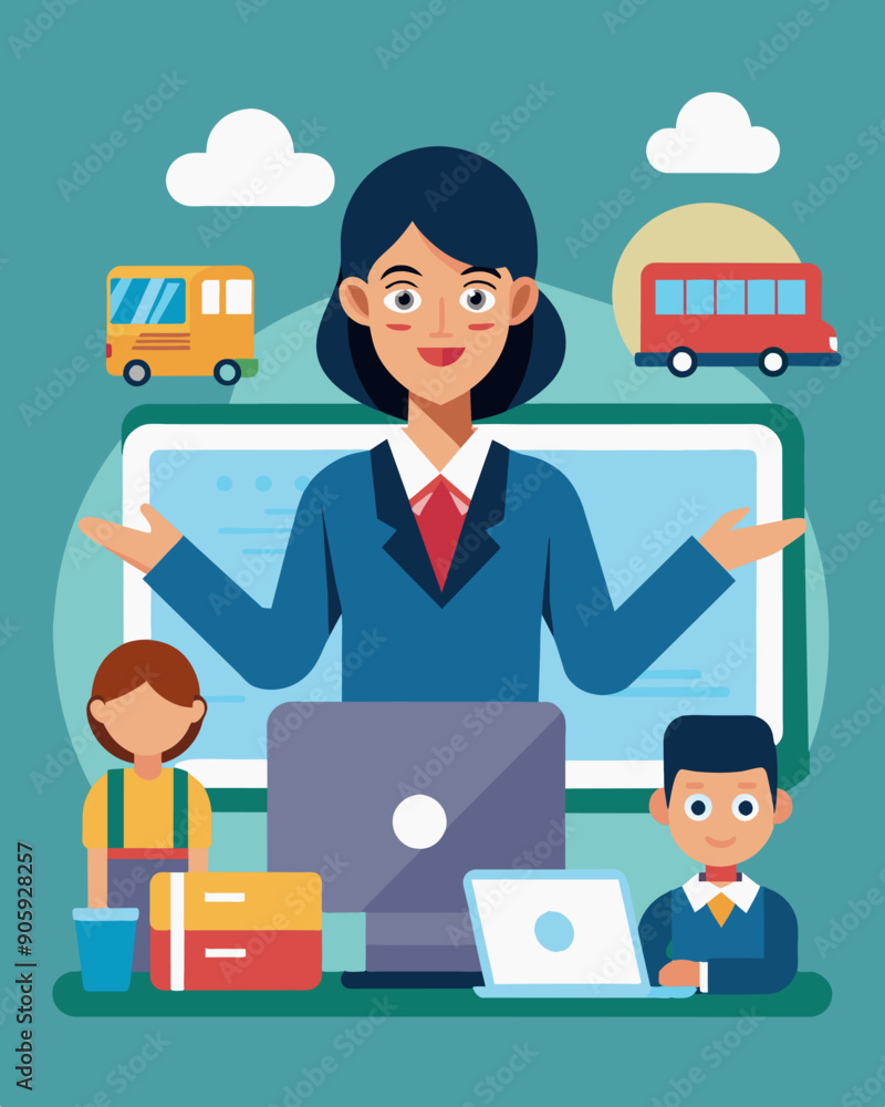 A teacher using elearning platforms to teach students instead of having them come to a physical classroom saving on transportation costs.. Vector illustration A teacher using elearning platforms to teach students instead of having them come to a physical classroom saving on transportation costs.. Vector illustration