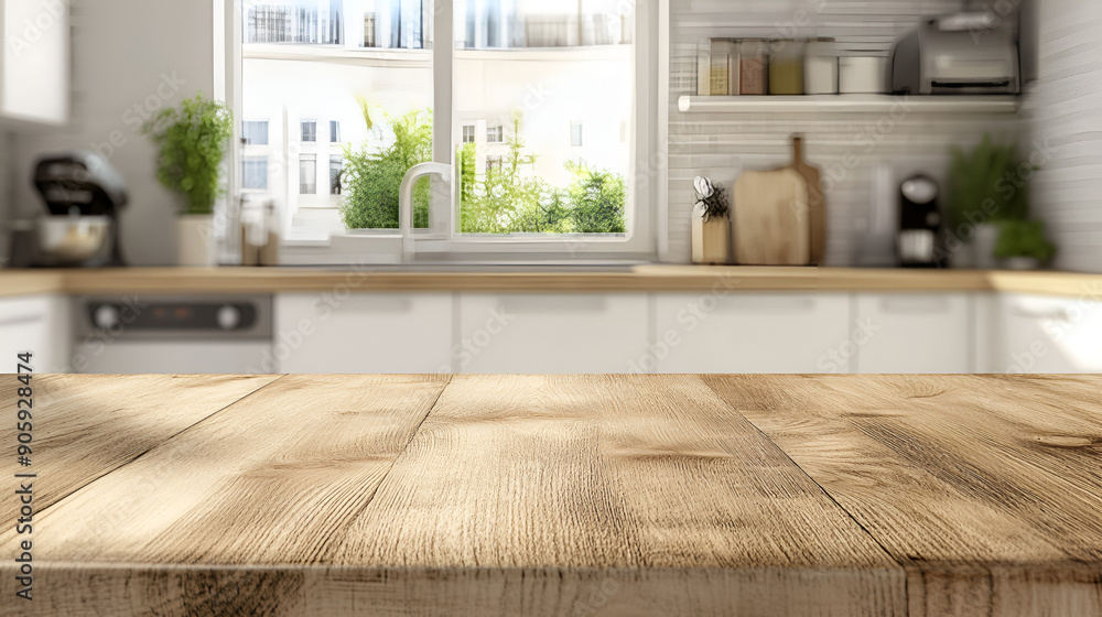 Wooden Kitchen Counter in Foreground with Bright White Kitchen in Blurred Background Wooden Kitchen Counter in Foreground with Bright White Kitchen in Blurred Background