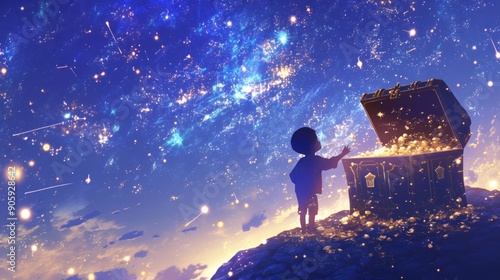 A child is opening a treasure chest, with a backdrop of sparkling stars and a cheerful expression on his face. showing him eagerly exploring the passages