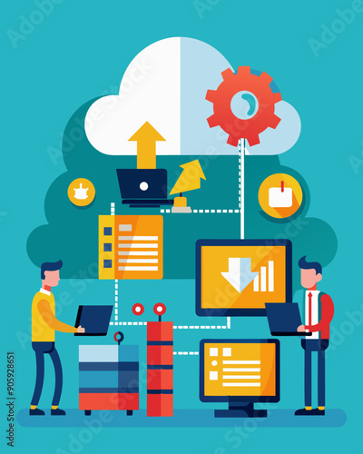 A technology company upgrades to cloudbased storage and collaboration tools reducing the need for expensive hardware and decreasing IT maintenance costs.. Vector illustration