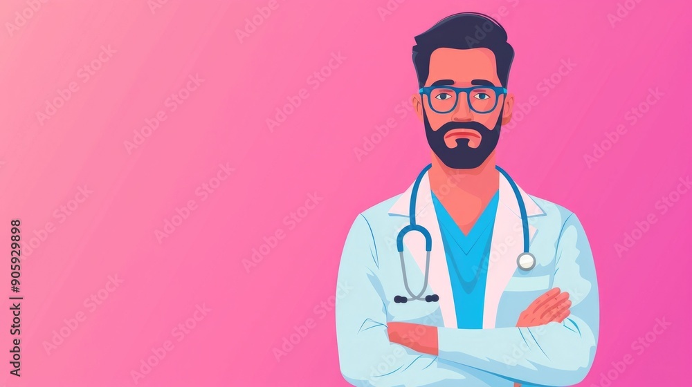 Fototapeta premium Cheerful Male Healthcare Professional in Pastel graphic of a doctor clinician or physician wearing a white coat and stethoscope with a friendly expression and clean modern design