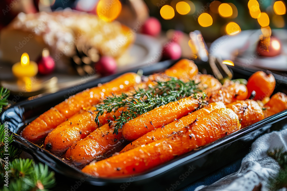Festive Honey Roasted Carrots with Christmas Lights Background Festive Honey Roasted Carrots with Christmas Lights Background