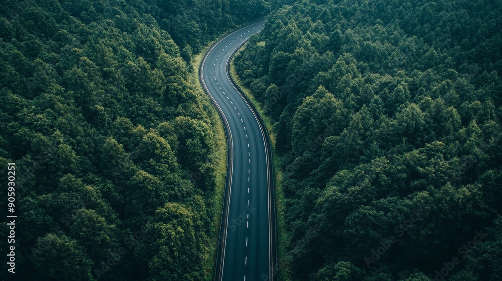Aerial view of an empty highway cutting through a dense forest, highlighting the contrast between man-made infrastructure and natural surroundings Aerial view of an empty highway cutting through a dense forest, highlighting the contrast between man-made infrastructure and natural surroundings