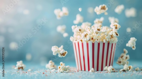 Popcorn spills from a red and white striped bucket, creating a playful and delicious display against a light blue backdrop