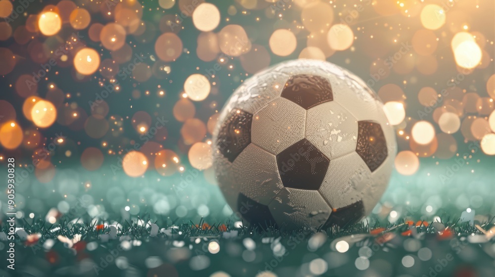 A soccer ball rests on grass, illuminated by enchanting bokeh lights in the evening A soccer ball rests on grass, illuminated by enchanting bokeh lights in the evening